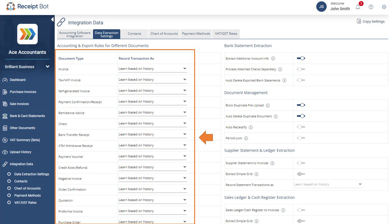 accounting & export rules for Purchases