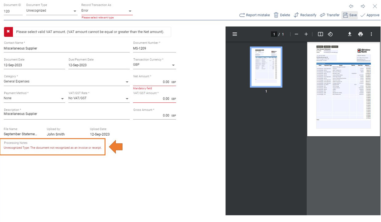 The document not recognized as an invoice or receipt