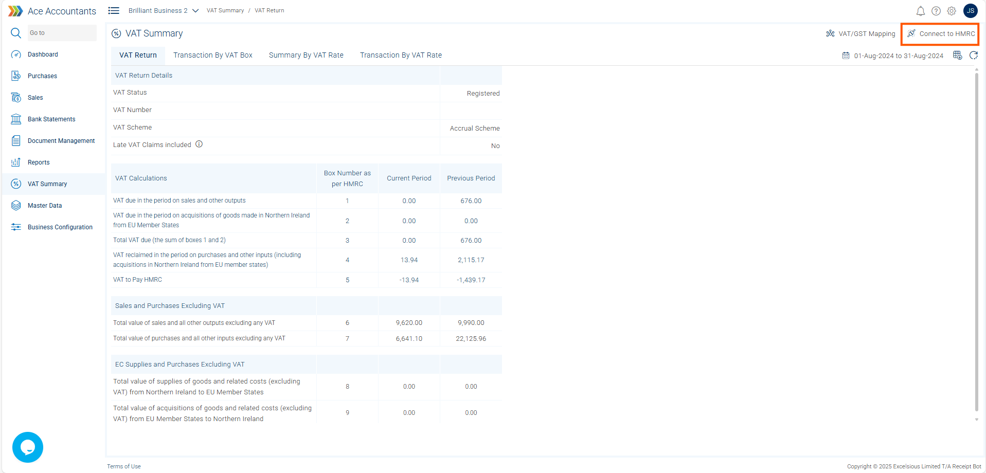 Connect to HMRC button on the VAT Return page in Receipt Bot