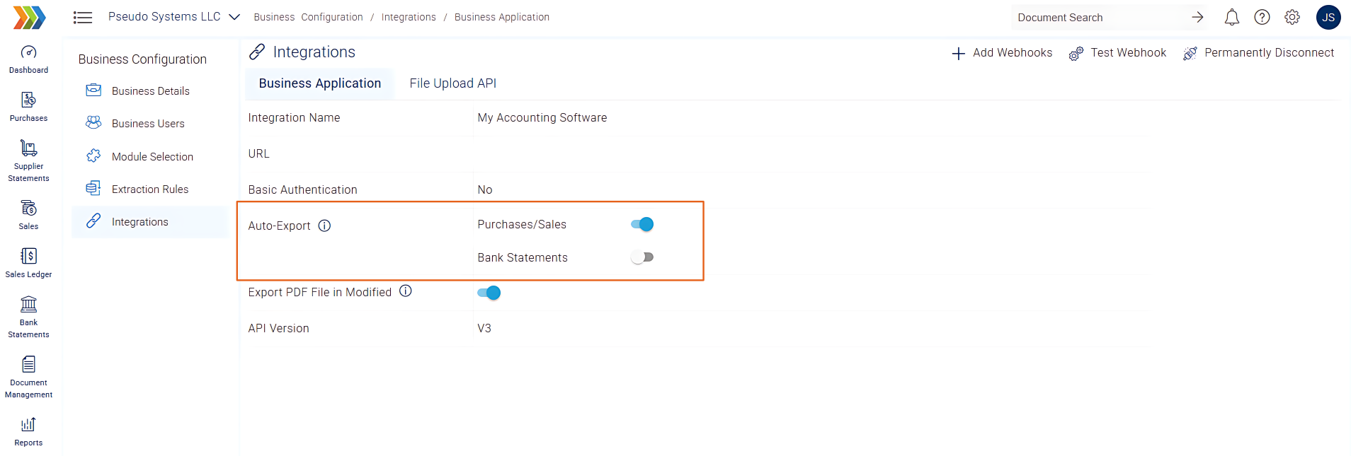 Auto-export settings page showing separate options for Invoices and Bank Statements