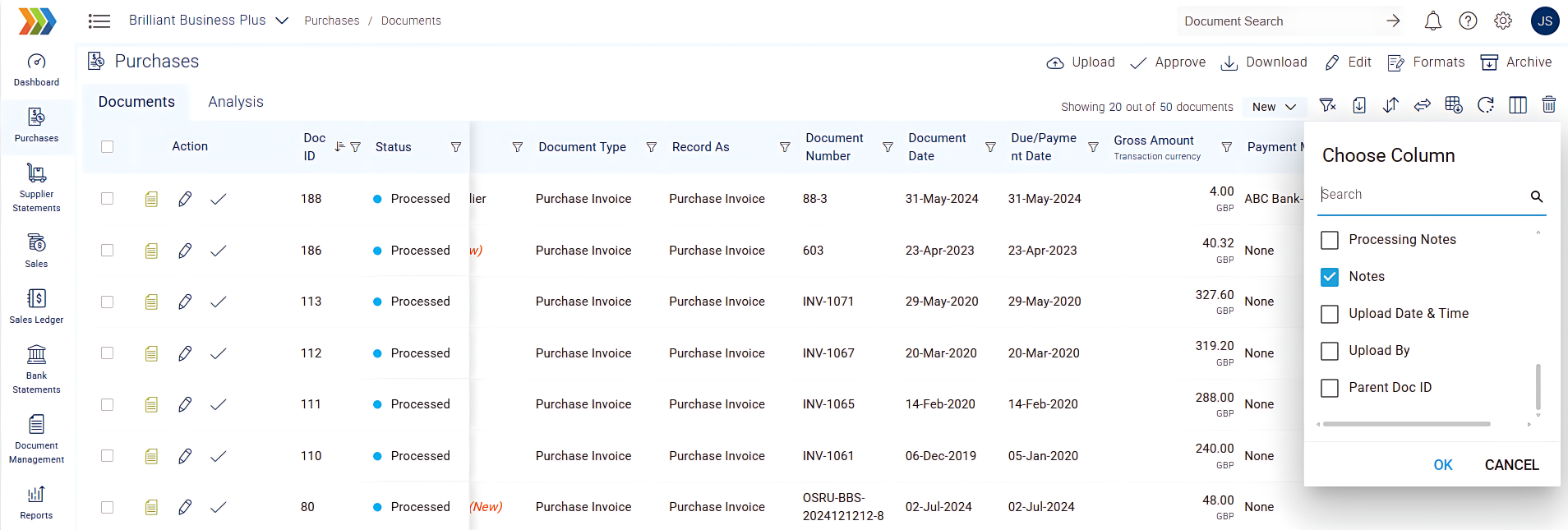 Main document grid showing the new 'Notes' column